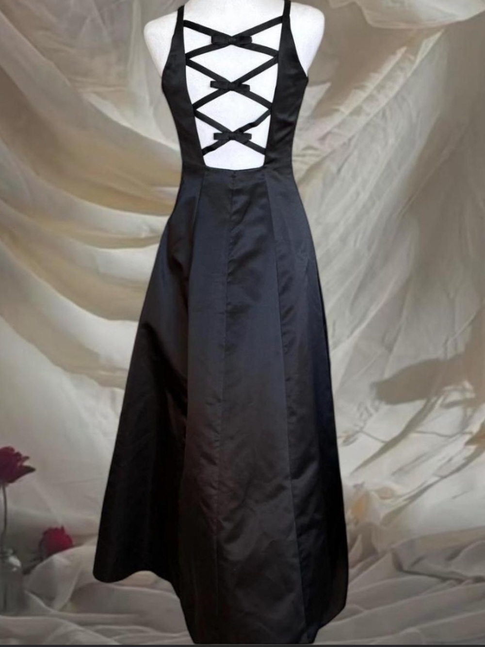 Vintage Urban Girl Nites Black Satin Maxi Dress with Bow Details
